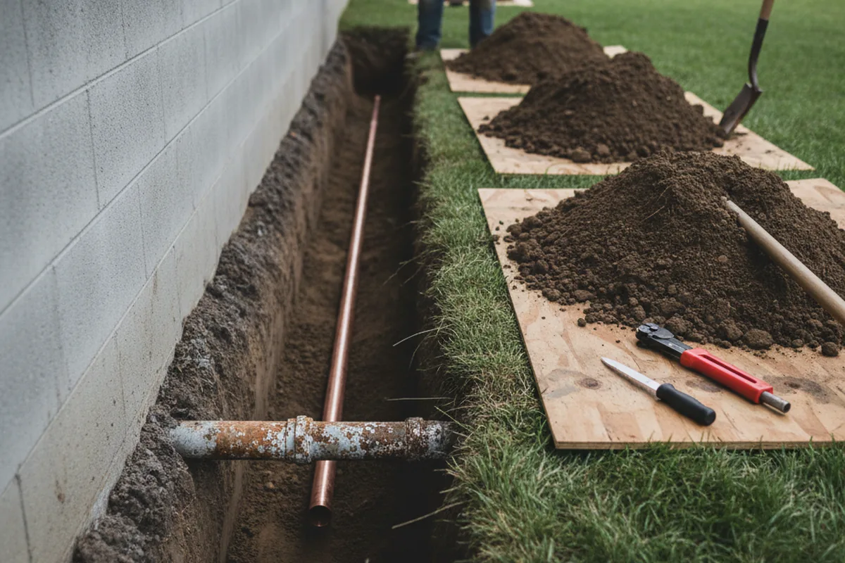 Excavated water line trench during Water Softener Installation in La Barge